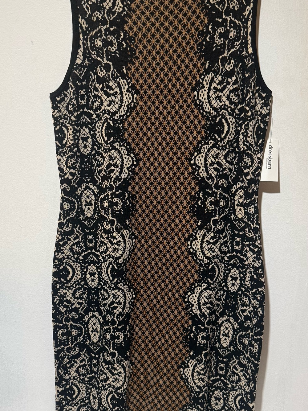 dressbarn Black, Tan & Cream Sleeveless Patterned Sheath Dress